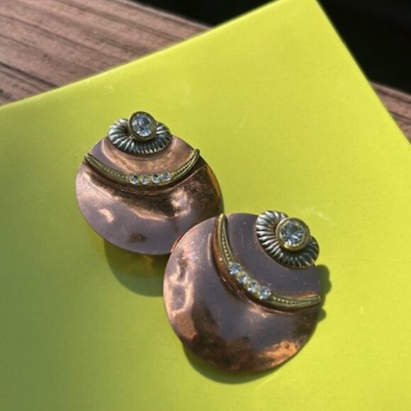 COPPER Made in Italy Handmade Hammered Disc EARRINGS - Picture 1 of 10
